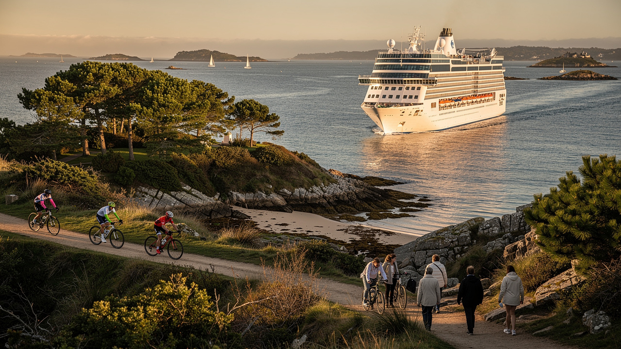 Un bateau de croisière naviguant près d’une île du golfe du Morbihan, tandis que des cyclistes et des marcheurs se promènent sur le littoral.