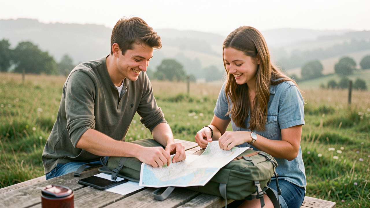 Un couple prépare un week-end en pleine nature : ils déplient une carte et ajustent leurs sacs à dos, avec un paysage de campagne française en arrière-plan.