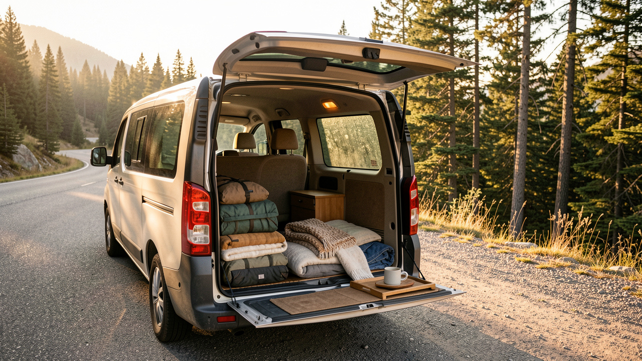 Van aménagé garé sur une route panoramique, halte nature à l’arrière avec couvertures et accessoires de camping, lumière dorée de fin de journée et forêt en arrière-plan.