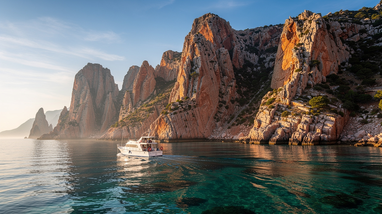 Bateau d’excursion naviguant sur une mer calme au pied des falaises rouges des calanques de Piana, éclairées par la lumière matinale.