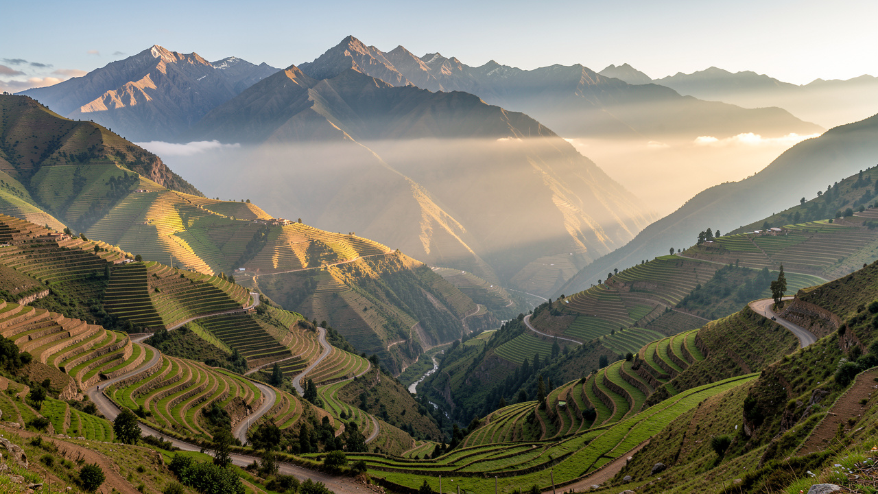 Vue panoramique d’un itinéraire au Pérou traversant les terrasses verdoyantes de la Vallée Sacrée, avec les sommets andins baignés par la lumière dorée du matin.