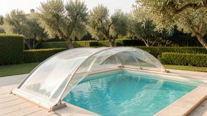 Piscine ensoleillée d'une résidence secondaire avec une bâche à bulles partiellement enroulée, entourée d'un jardin calme.
