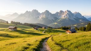 Vue panoramique du plateau de Solaison en Haute-Savoie avec des chalets d’alpage, un sentier herbeux et le massif du Bargy éclairé par la lumière matinale.