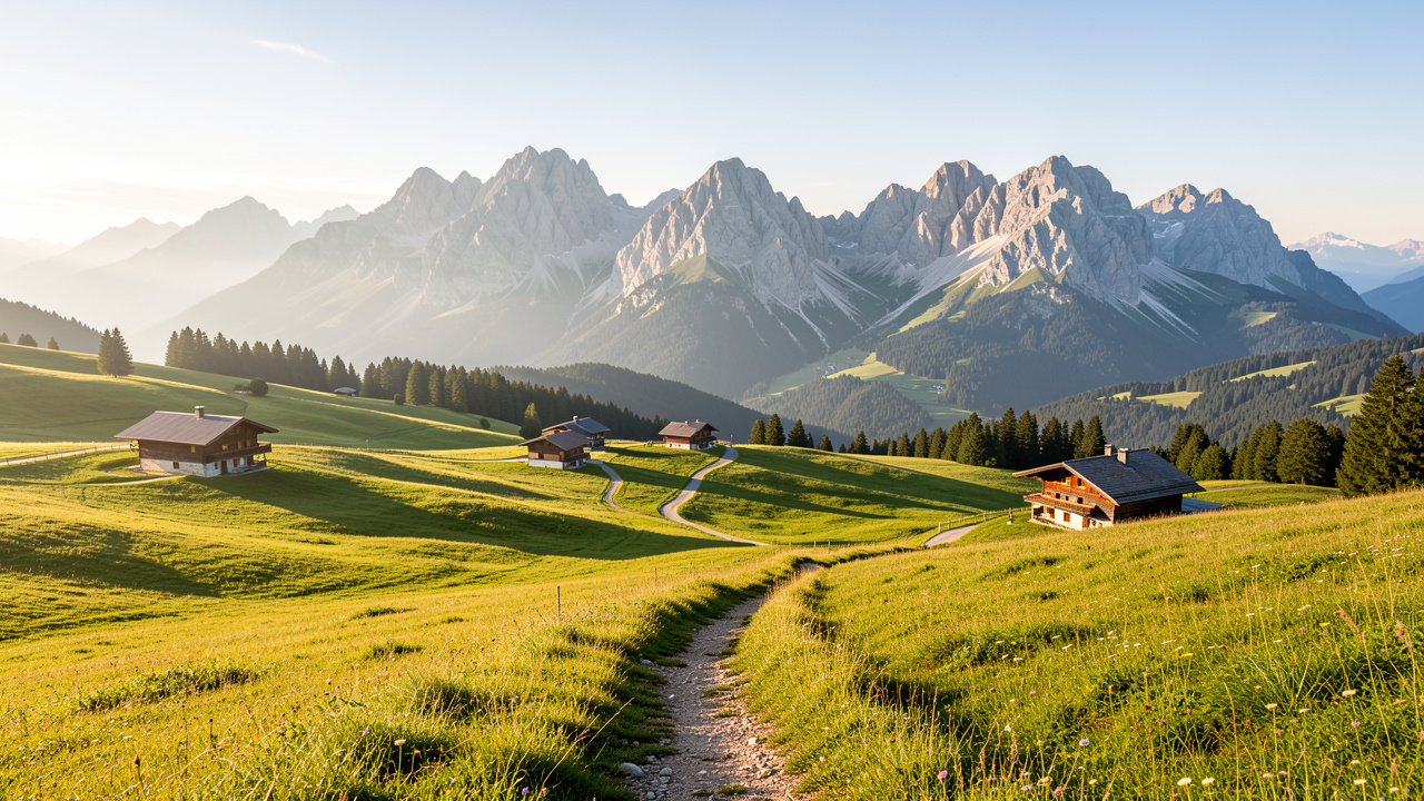 Vue panoramique du plateau de Solaison en Haute-Savoie avec des chalets d’alpage, un sentier herbeux et le massif du Bargy éclairé par la lumière matinale.