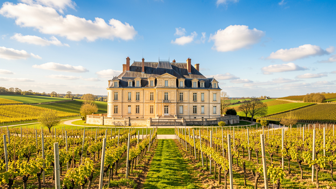 Vue lumineuse du Château de Cassaigne, avec sa façade Renaissance entourée des vignes de Ténarèze sous un ciel bleu de printemps.