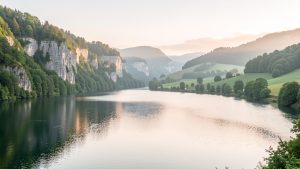 Vue panoramique d’un lac du Haut-Bugey entouré de falaises boisées, baigné par la lumière douce du matin dans une ambiance naturelle et paisible.
