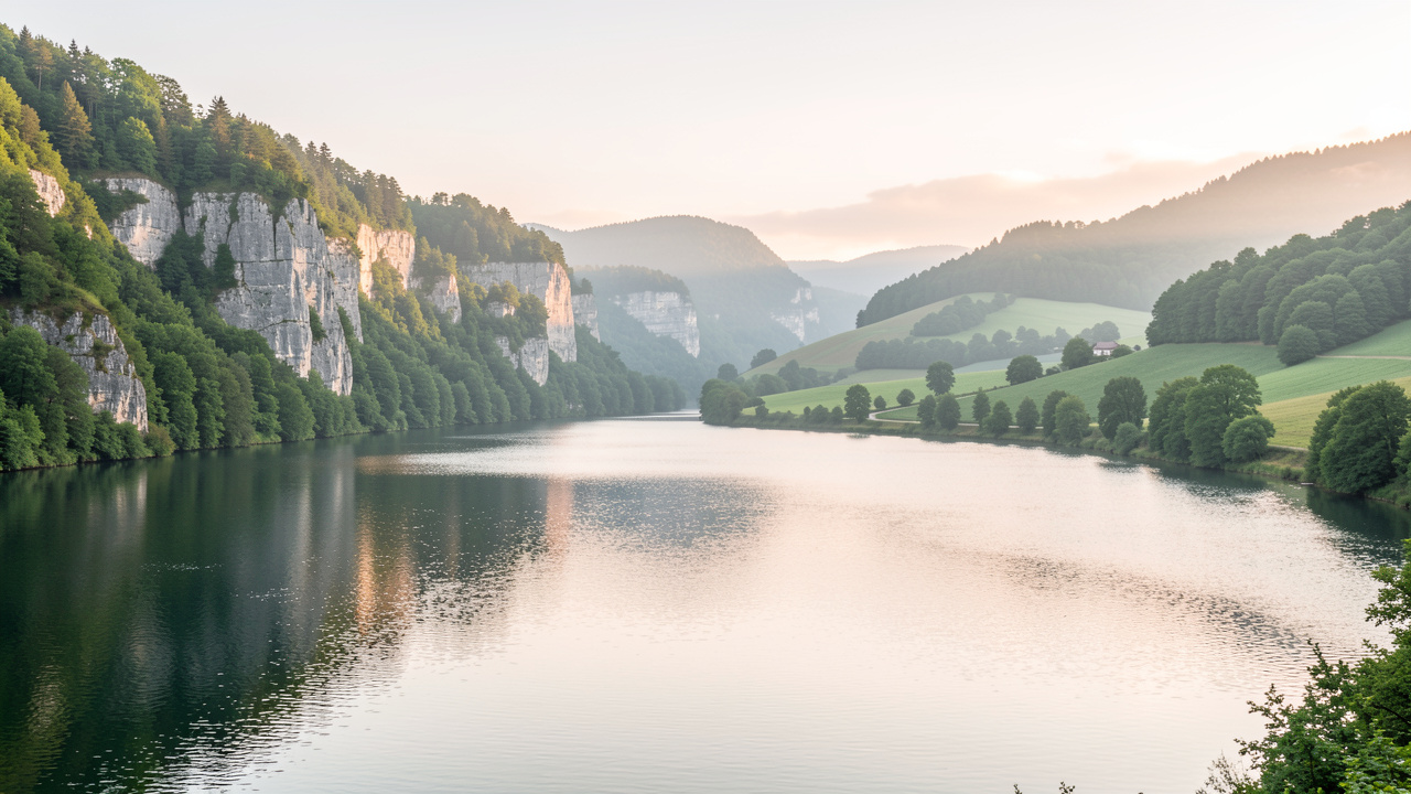 Vue panoramique d’un lac du Haut-Bugey entouré de falaises boisées, baigné par la lumière douce du matin dans une ambiance naturelle et paisible.