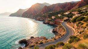 Route côtière sinueuse en Corse longeant une mer turquoise, avec des montagnes rouges et un village perché baigné de soleil.