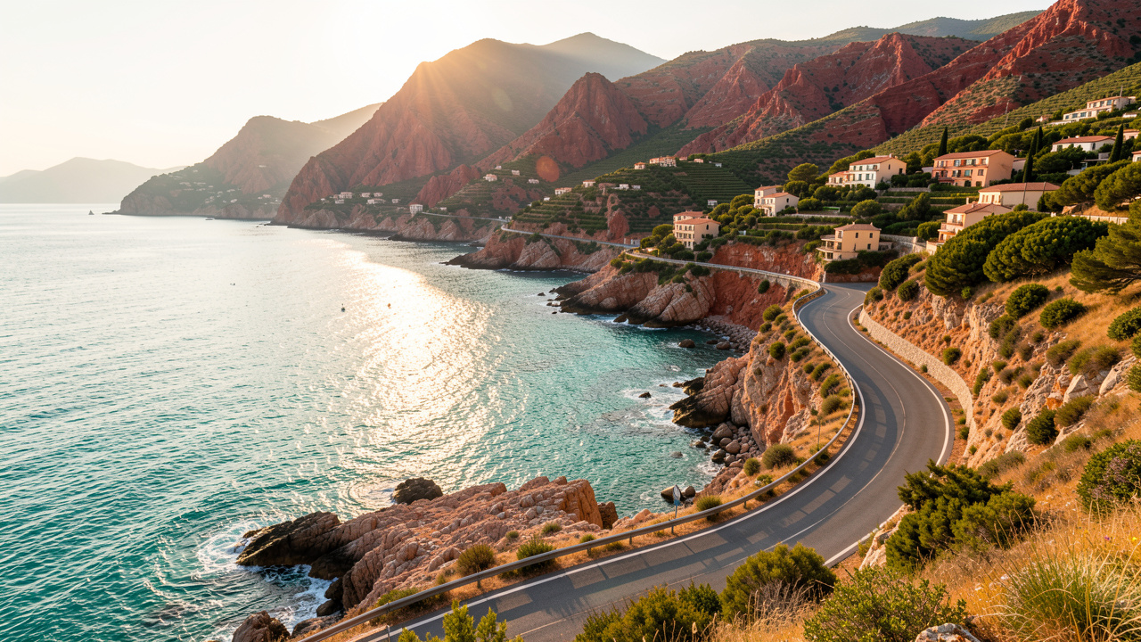 Route côtière sinueuse en Corse longeant une mer turquoise, avec des montagnes rouges et un village perché baigné de soleil.
