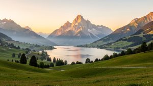 Panorama réaliste de la vallée d’Ossau au lever du soleil, avec le Pic du Midi d’Ossau, le lac de Bious-Artigues et les pâturages pyrénéens.