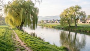 Vue matinale de la Veyle près de Pont-de-Veyle, avec un chemin herbeux au bord de l’eau, des saules et le village de l’Ain en arrière-plan sous une douce lumière printanière.