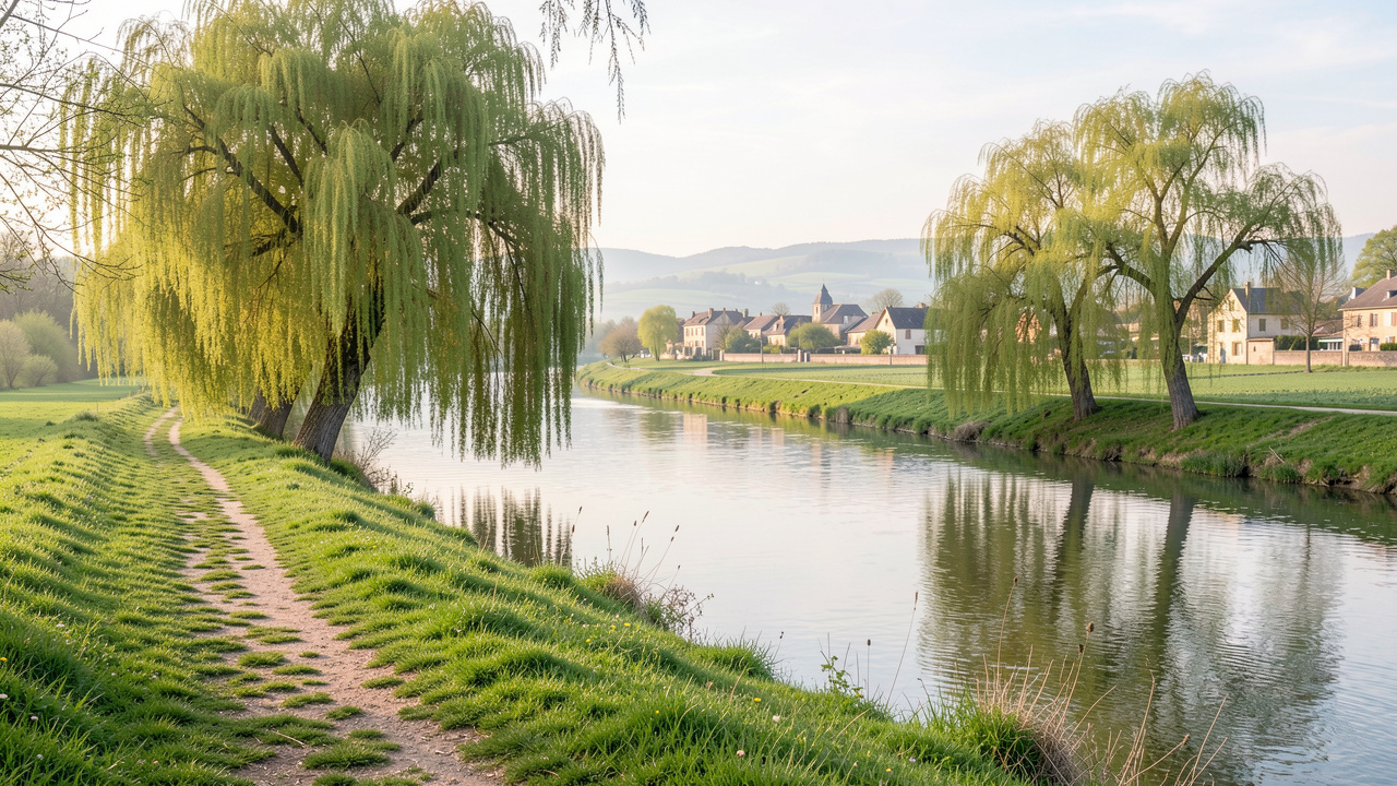 Vue matinale de la Veyle près de Pont-de-Veyle, avec un chemin herbeux au bord de l’eau, des saules et le village de l’Ain en arrière-plan sous une douce lumière printanière.
