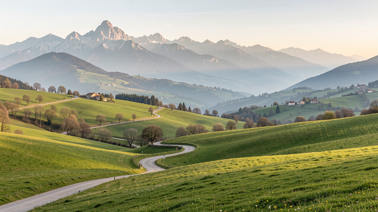 Vue panoramique de Laroque-d’Olmes et du massif de Tabe au printemps, avec des chemins, des collines verdoyantes et une lumière douce.