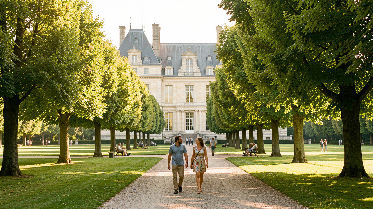 Vue lumineuse du château de Compiègne depuis son parc, avec des visiteurs se promenant sur une allée bordée d’arbres.