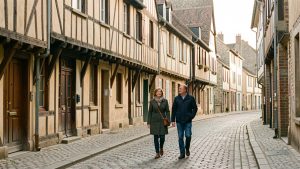 Vue réaliste d’une rue pavée du centre historique de Rennes, bordée de maisons à pans de bois sous une douce lumière matinale, avec quelques promeneurs.