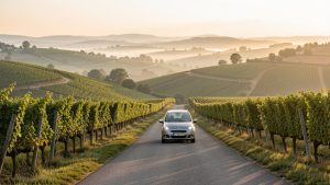 Route de campagne dans l’Yonne au lever du soleil, bordée par les vignobles de Chablis sur des coteaux calcaires, avec une petite voiture et un paysage bourguignon baigné de lumière douce.