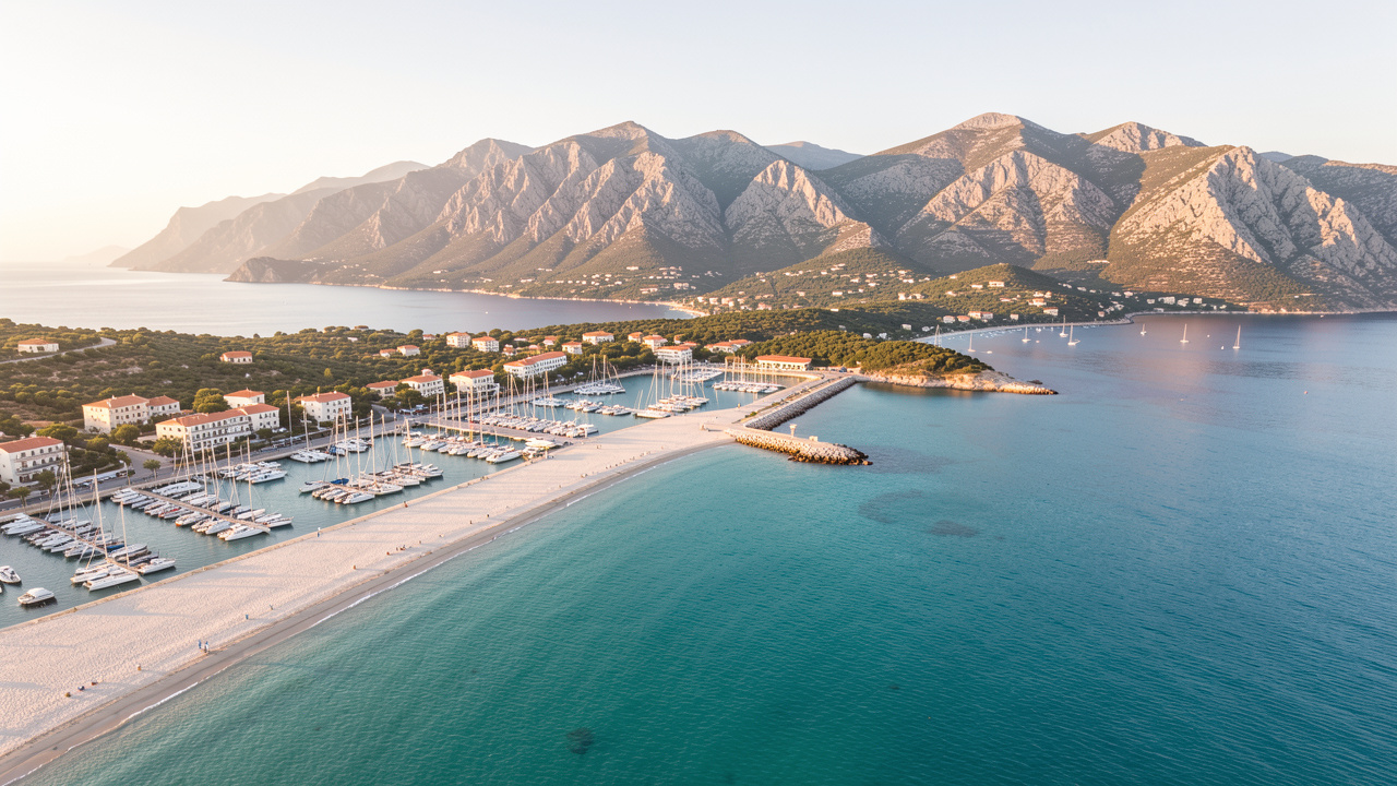 Vue aérienne réaliste de Sari-Solenzara en Corse avec un port de plaisance, une plage de sable clair, une mer turquoise et des montagnes éclairées par la lumière du matin.