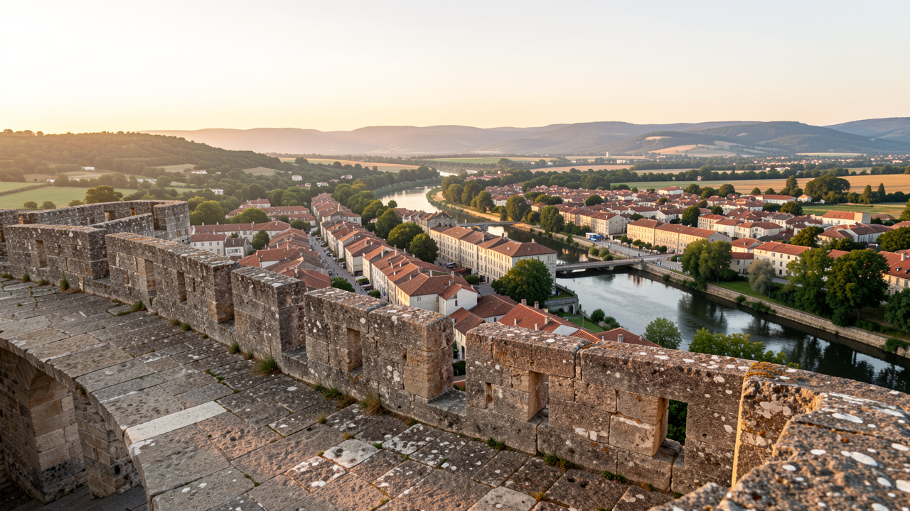 Vue panoramique de Château-Thierry depuis les remparts du château, avec la Marne en contrebas, les toits de la ville et les coteaux champenois au loin dans la lumière dorée de fin d’après-midi.