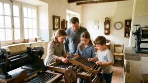 Une famille avec deux enfants découvre une maison patrimoniale bretonne à Pipriac et observe une ancienne presse d’imprimerie dans une atmosphère lumineuse.