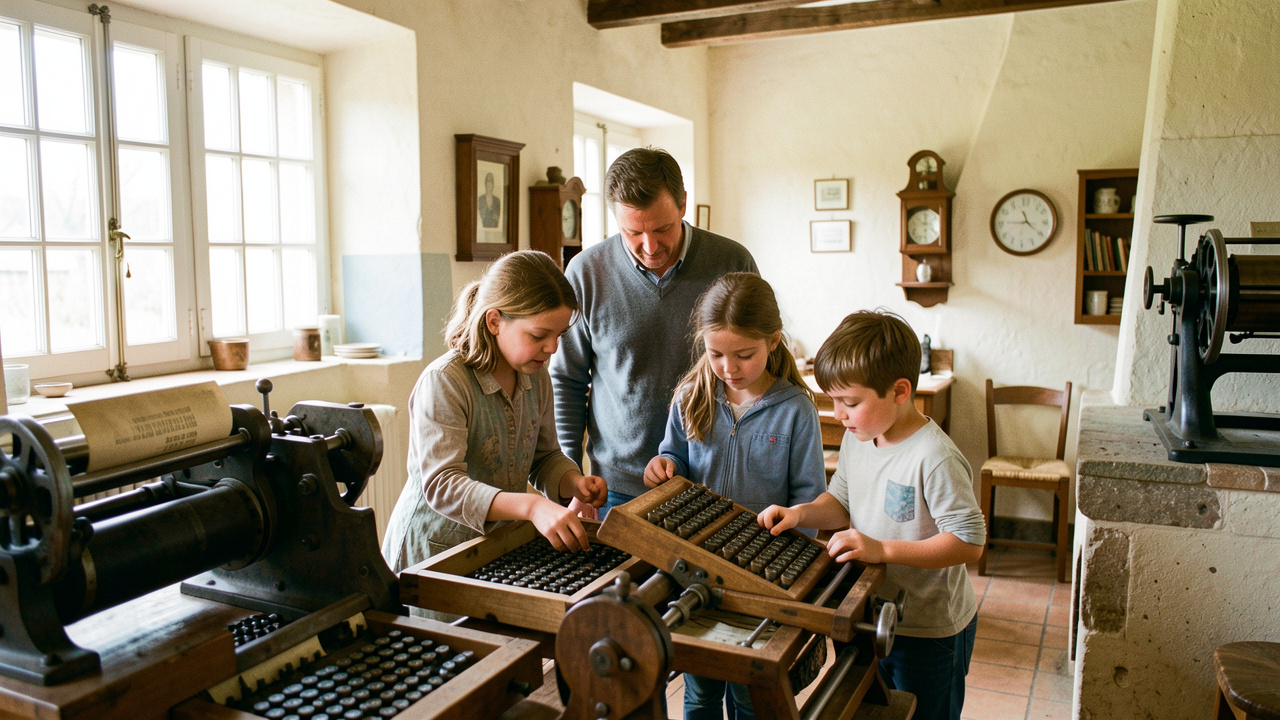 Une famille avec deux enfants découvre une maison patrimoniale bretonne à Pipriac et observe une ancienne presse d’imprimerie dans une atmosphère lumineuse.