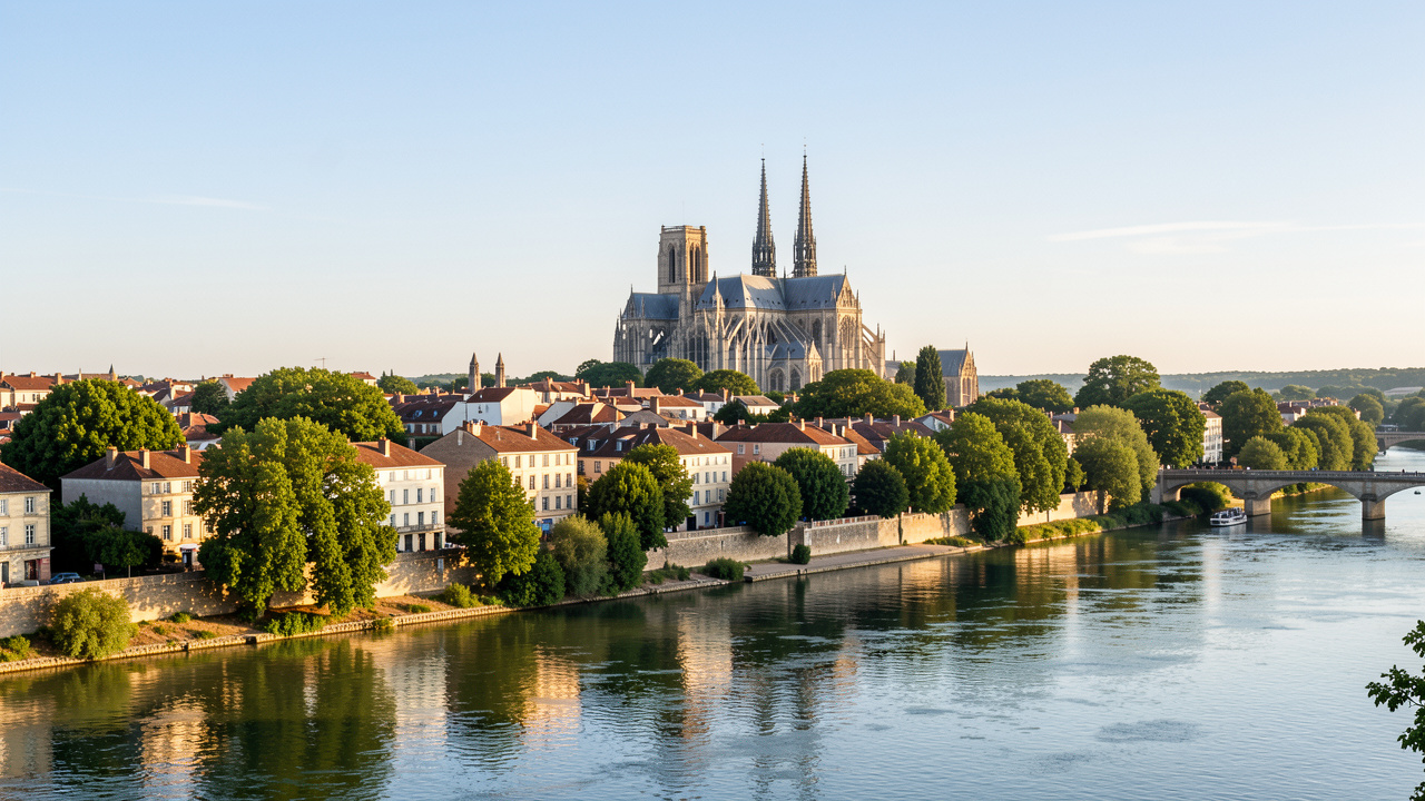 Vue lumineuse de Tours depuis les quais de Loire, avec la cathédrale Saint-Gatien et les toits du centre historique au loin.